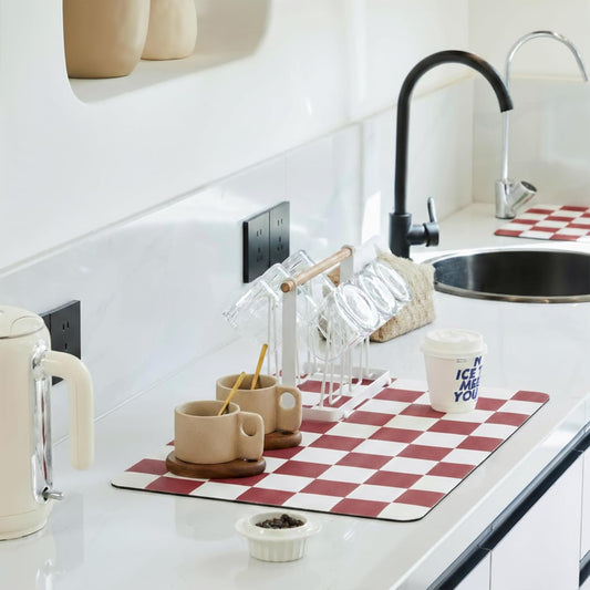Checkered Dish Drying Mat for Kitchen Counter, Coffee Bar Station Accessories, Retro Cute Aesthetic Modern Absorbent Drainer Mat Kitchen Drying Mat Easy Clean (Red, 24" x 16")
