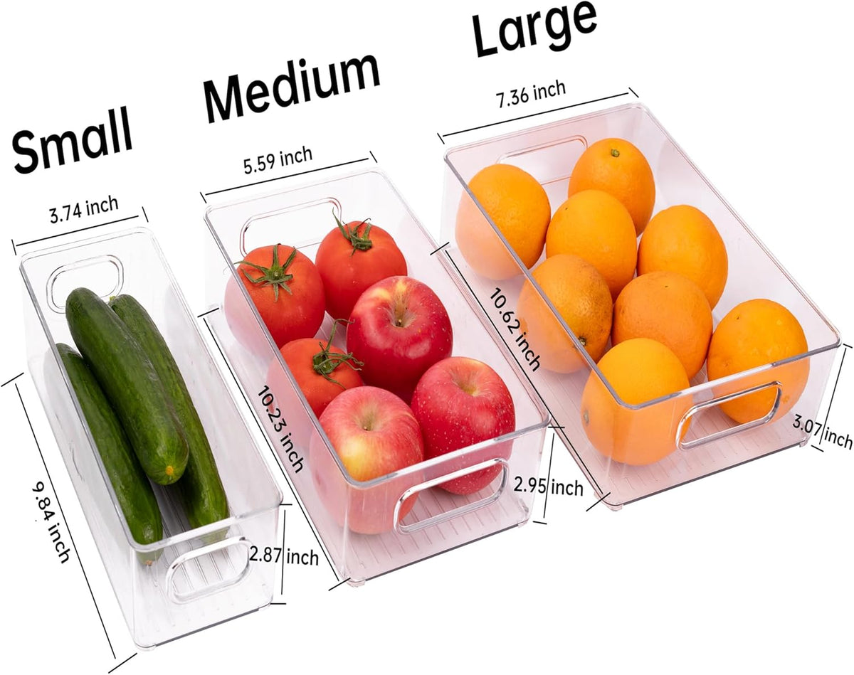 6 Pack Refrigerator Organizer Bins,3 Sizes Clear Pantry Storage with Handles and 30 PCS Plastic Bags for Fridge, Freezer, Shelves, Drawer, Bins, Snack Organizer for Home & Kitchen