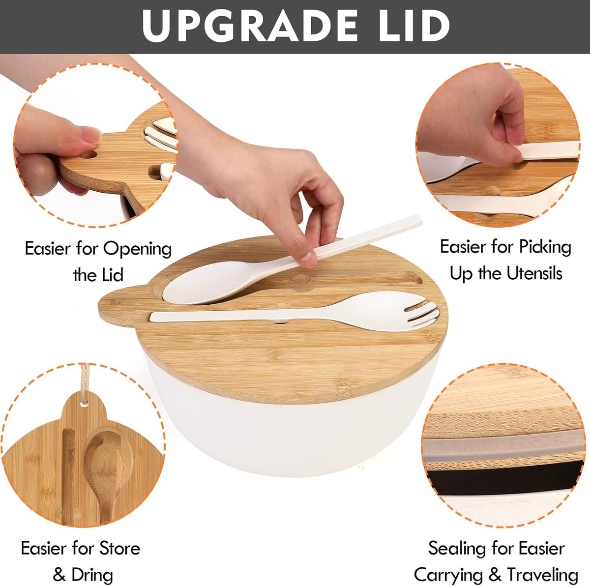 ShineMe Large Salad Bowl with Lid, 9.8inches White Salad Serving Bowl Set with Utensils, Bamboo Wooden Salad Bowl with Multifunctional Lid with Handle and Silicone Seal Ring