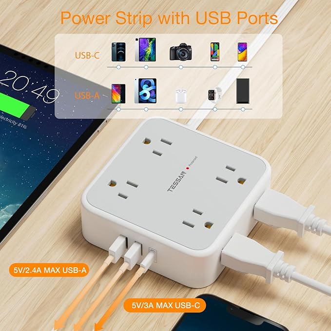 Flat Plug 20 FT Long Extension Cord, TESSAN Ultra Thin Power Strip Surge Protector with 8 AC Outlets, 900J, 3 USB Charger(1 USB C), Multi Port Charging Station for Home, Office, Dorm Room Essentials