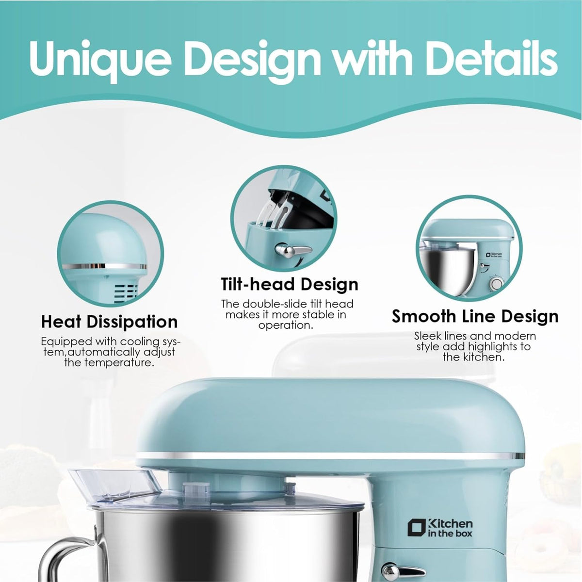 Kitchen in the box Stand Mixer, 900W 8.5QT Kitchen Electric Mixer, 6-Speed Large Capacity Food Mixer for Home Cooks with Egg Whisk, Dough Hook & Flat Beater (Blue)