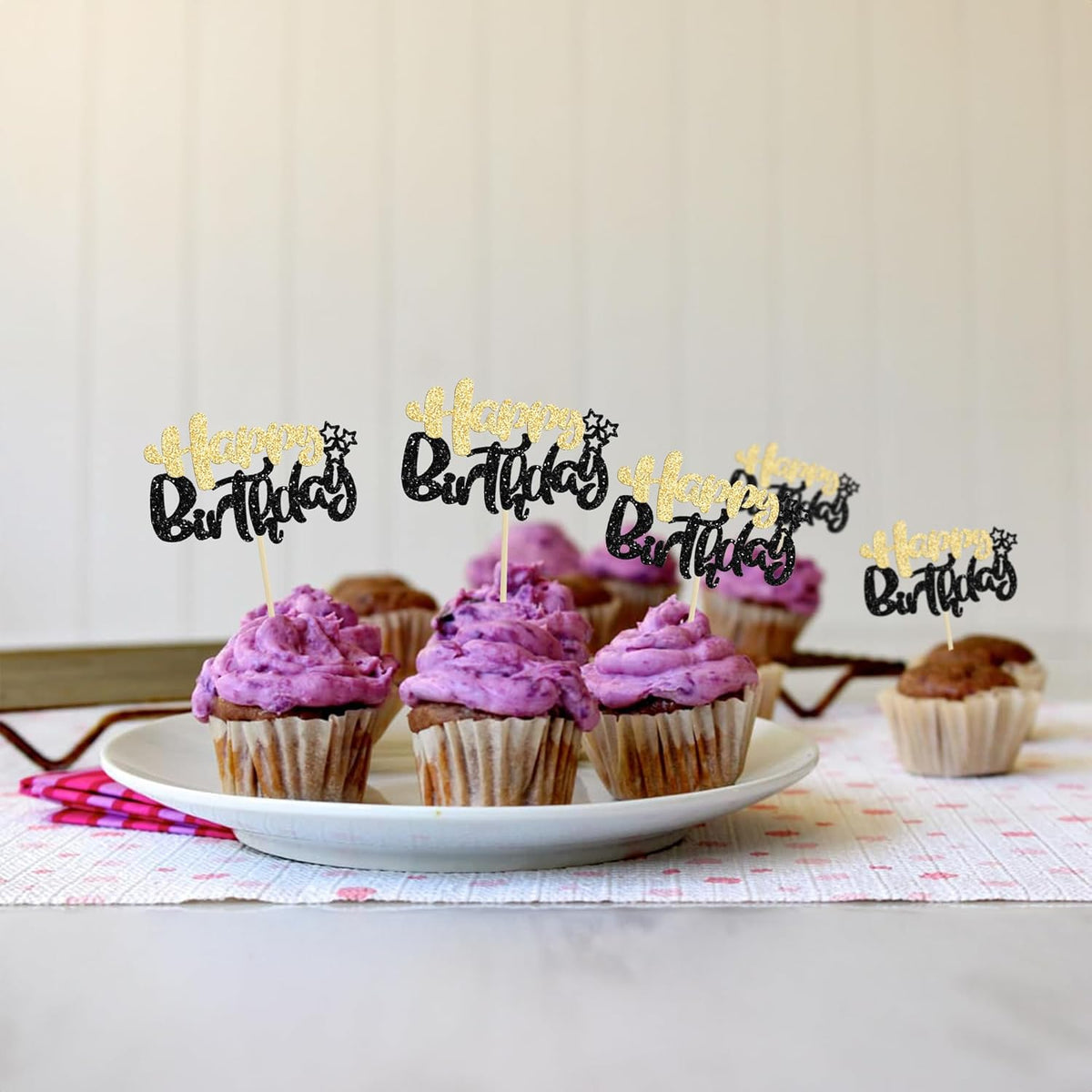Ephlyn 24Pcs Happy Birthday Cupcake Toppers Double Layer Glitter Happy Birthday Cake Decorations for Celebrating Baby Shower Theme Kids Boys Girls Birthday Party Cake Decorations Supplies Black Gold