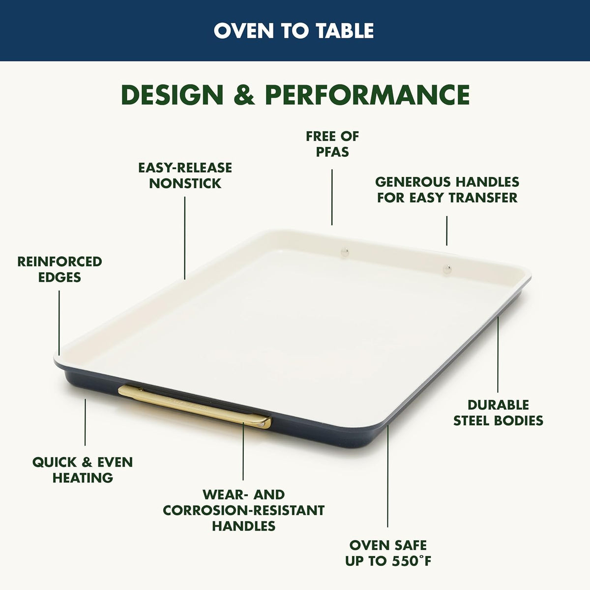 GreenPan Bakeware 13" x 9" Quarter Sheet Pan, Ceramic Nonstick Baking Pan, PFAS & BPA Free, Gold Handles, Durable Steel, Versatile & Space Saving Ovenware, Freezer to Oven Dish, Oxford Blue