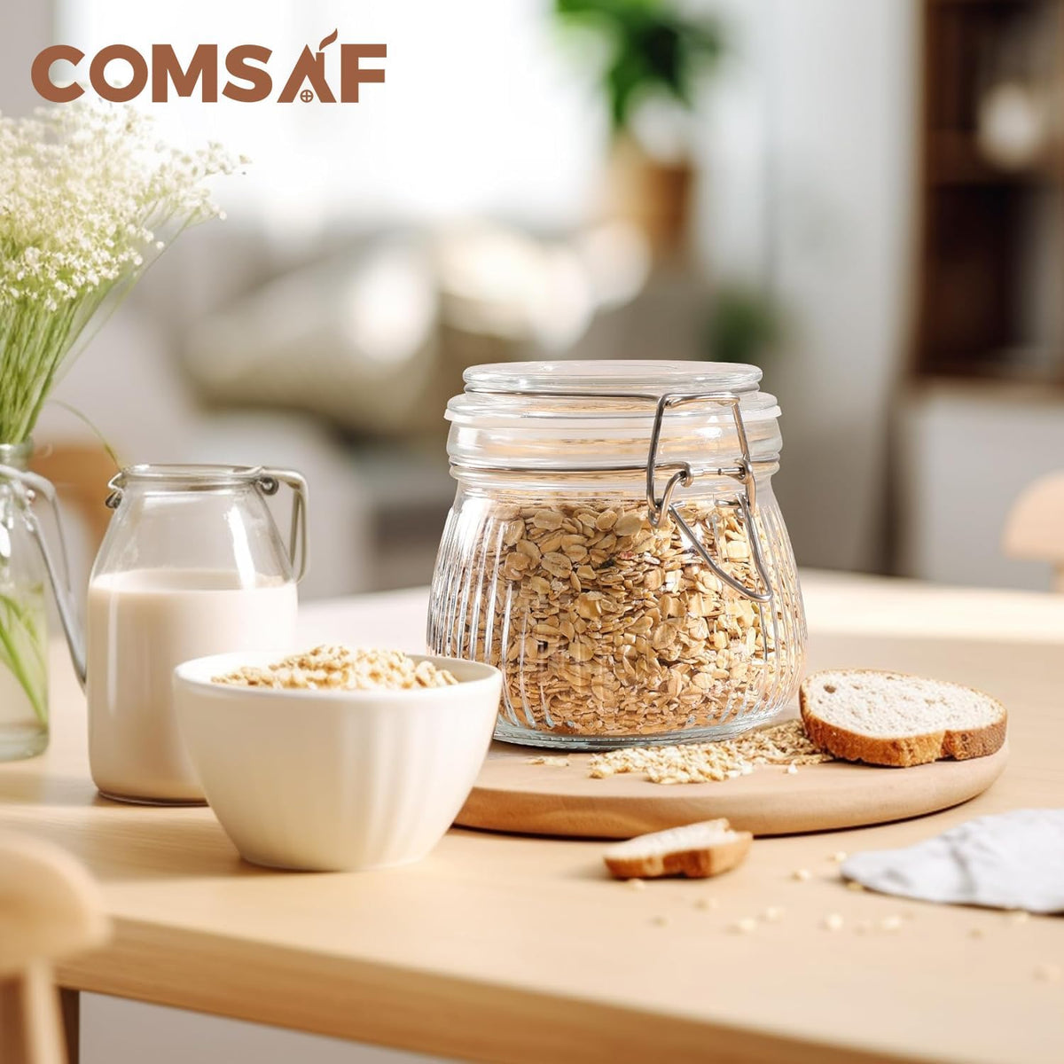 ComSaf Airtight Glass jar with lid 17oz, Glass Storage Containers with Lids, Small Canister, Mason Jars, Minimalist Jar for Kitchen Canning, Overnight Oats, Pickle, Spice, Set of 6