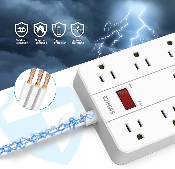 Power Strip with USB,Surge Protector Flat Plug with 8 Widely Spaced Outlets and 6 USB Ports(1 USB C), 5ft Extension Cord Wall Mountable Phone Tablet Laptop Computer Multiple Devices