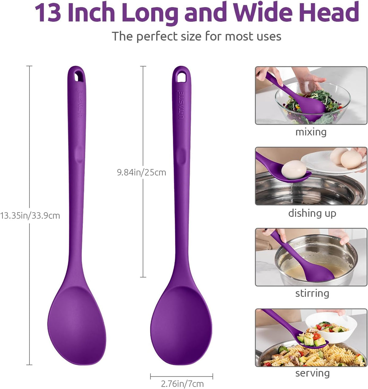 600ºF Heat Resistant Silicone Spoon: U-Taste 13.3in Solid Kitchen Cooking Spoon, Nonstick Food Grade Large & Long Soup Rubber Utensil for Mixing, Serving, Stirring, Basting, for Pot Cookware (Purple)