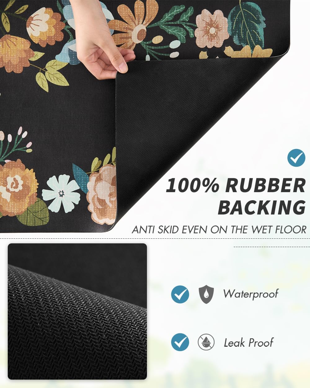 AMOAMI Coffee Mat Hide Stain Rubber Backed Absorbent Dish Drying Mat for Kitchen Counter - Bar Accessories Fit Under Coffee Maker, Espresso Machine, Dish Rack - Floral Black 12x19