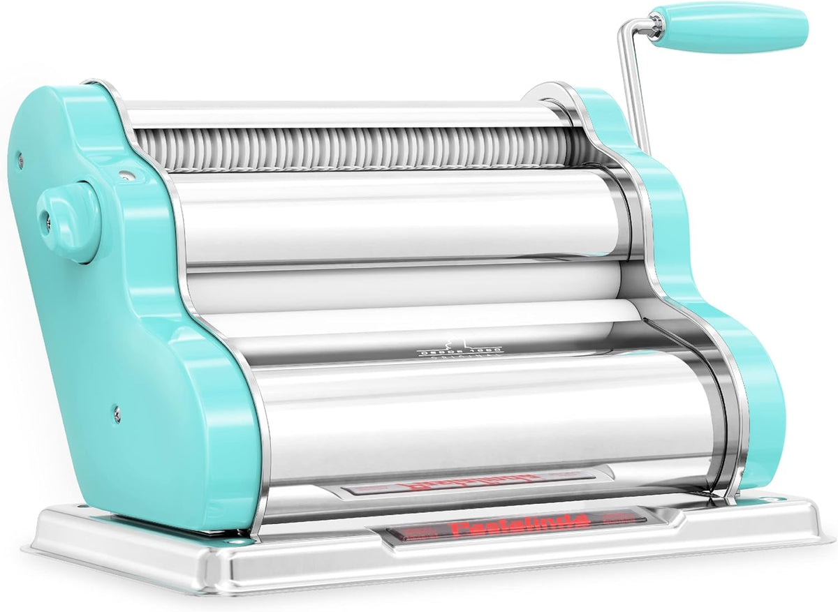 PASTALINDA Classic 260 Pasta Maker Machine, 26 cm Wide Rollers, 9 Thickness Positions, 2 Cutting Positions, Stainless Steel. Includes Reinforced Hand Crank And Two Clamps (Acqua)