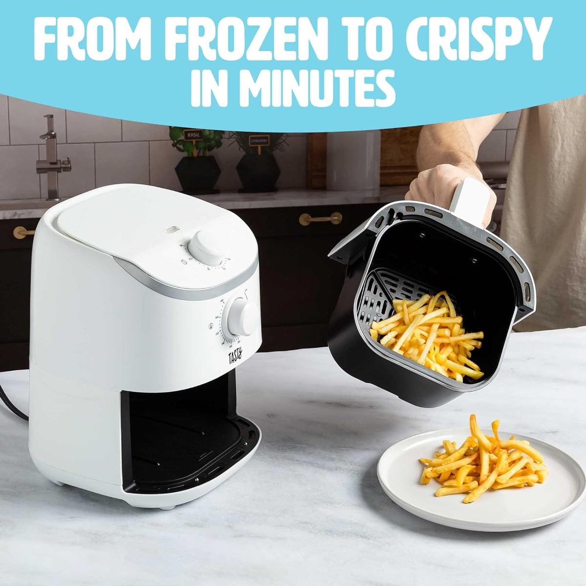 Tasty Personal Air Fryer, Healthier Meals in Minutes, Adjustable Temp Control up to 400°F, Easy-to-Use Design, Nonstick Basket and Tray Made without PFAS, PFOA, PFOS & PTFE, 900 Watts, 2-Quart, White