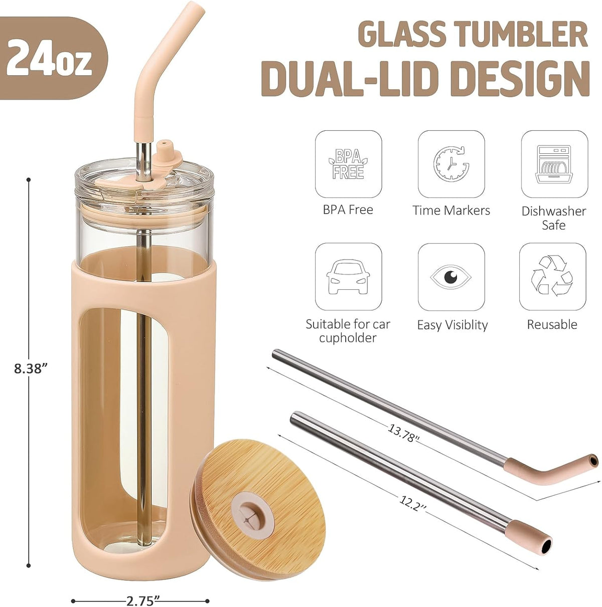 Kodrine 24oz Glass Tumbler with 2 Lids and Straws, Glass Cup With Bamboo Lid and On-the-go Lid, Reusable Iced Coffee Cup, Ideal for Smoothie, Cold Drinks, Fit Cup Holder, BPA Free(1, Amber)