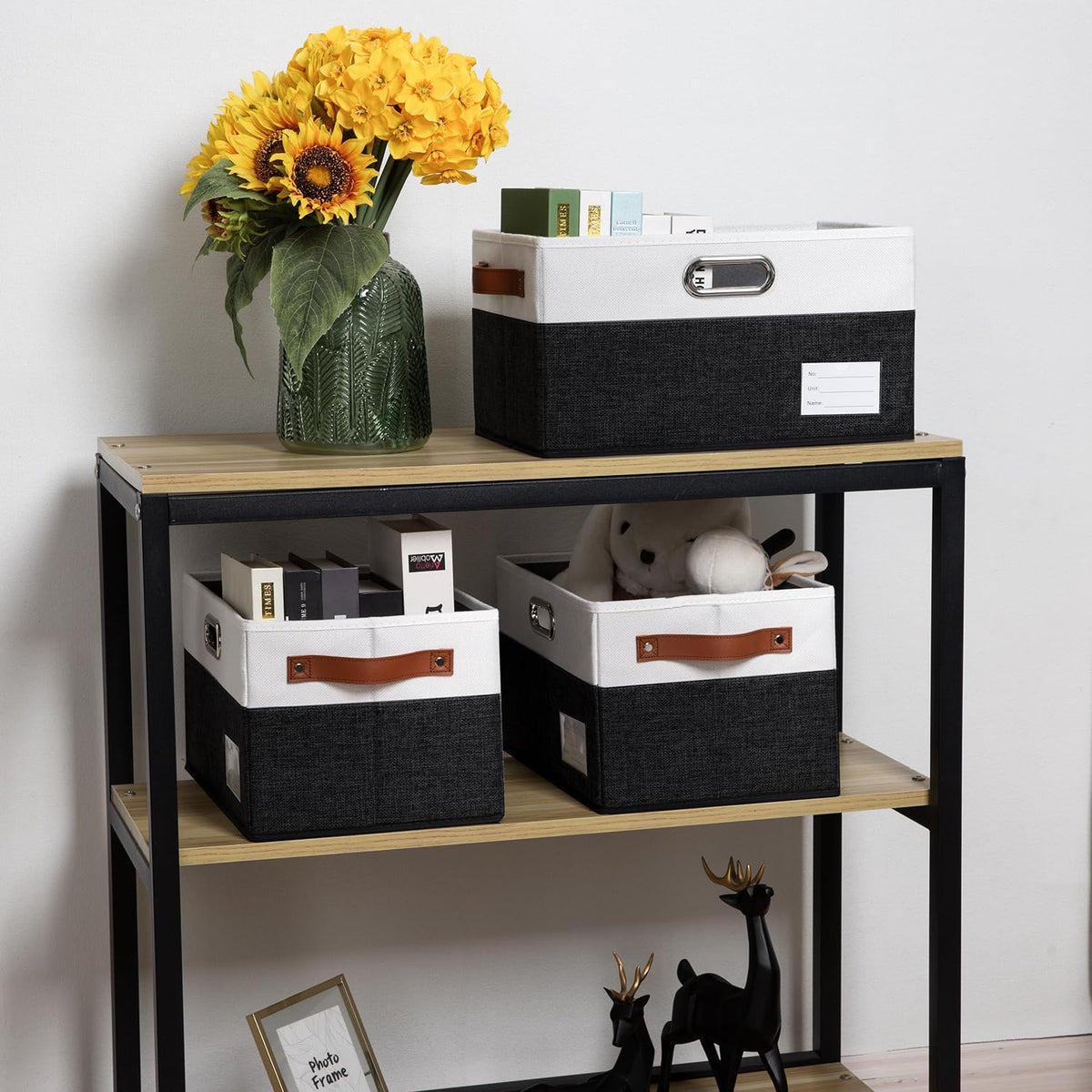 PRANDOM Foldable Storage Bins with Handles [3-Pack] Fabric Collapsible Storage Boxes Baskets Cubes Containers with Handles for Closet Living Room Bedroom (Black & White 14.9x9.8x8.3'')