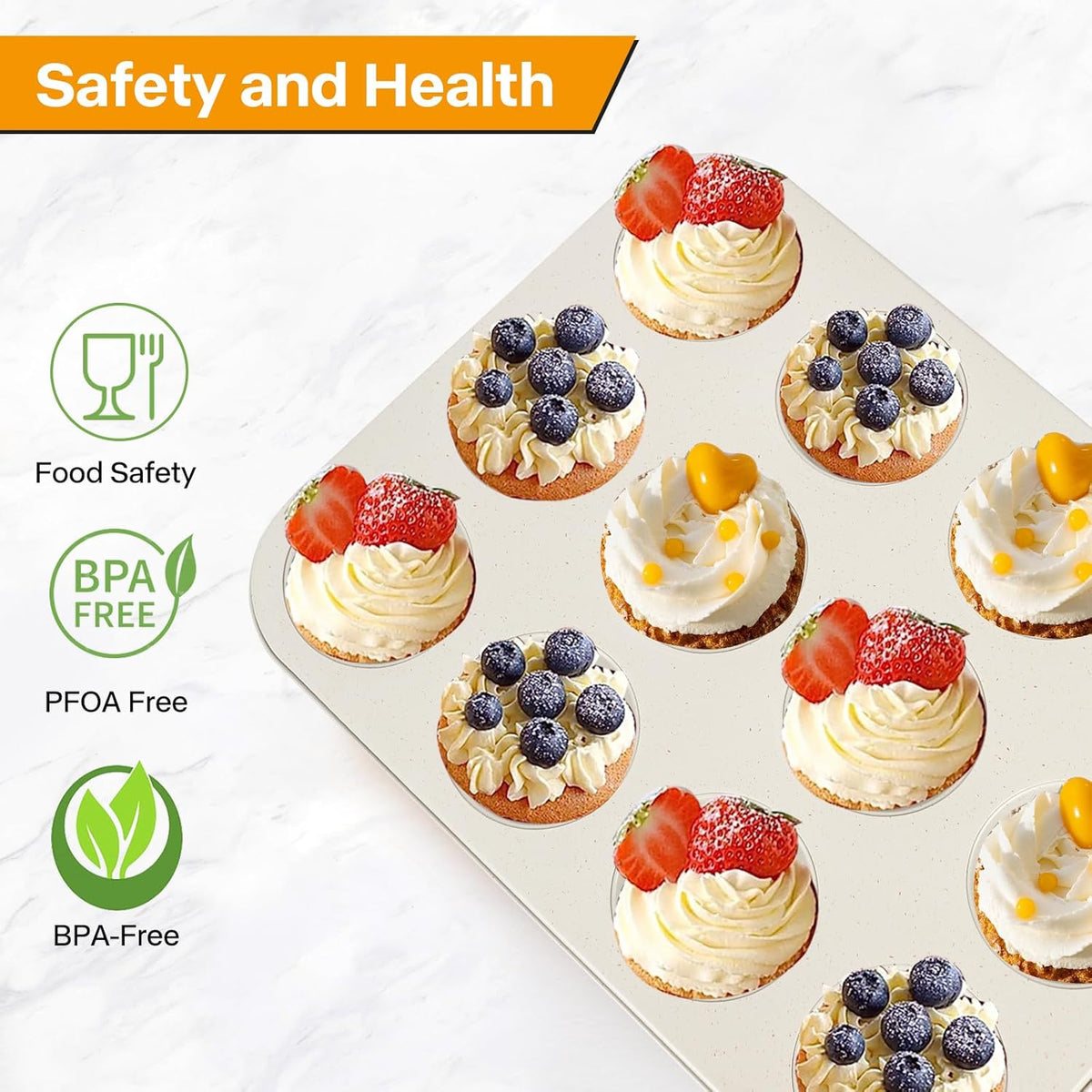 2-Pack Healthy Baking Cupcake Pan| Non Stick 12-Cup Muffin Pan | Durable & Easy Clean Muffin Tin | Perfect for Cupcakes, Muffins (Beige)