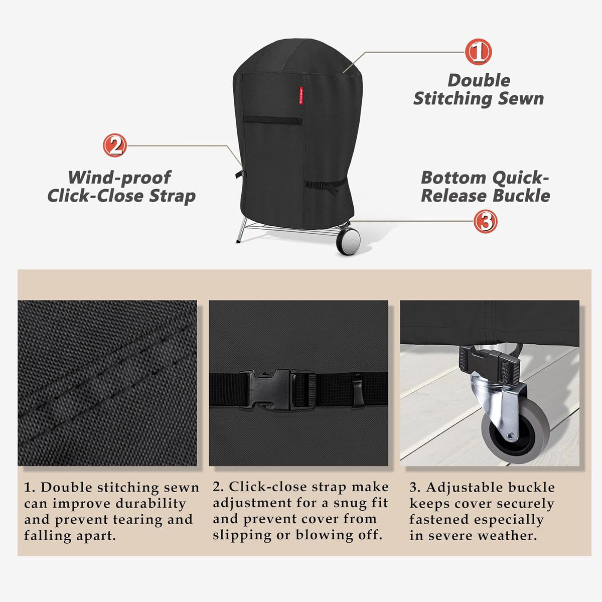 Porch Shield Outdoor Charcoal Kettle Grill Cover 22 inch Waterproof 600D Round Smoker Cover Fits Most Kettle Grill 27" Dia x 35" H, Black