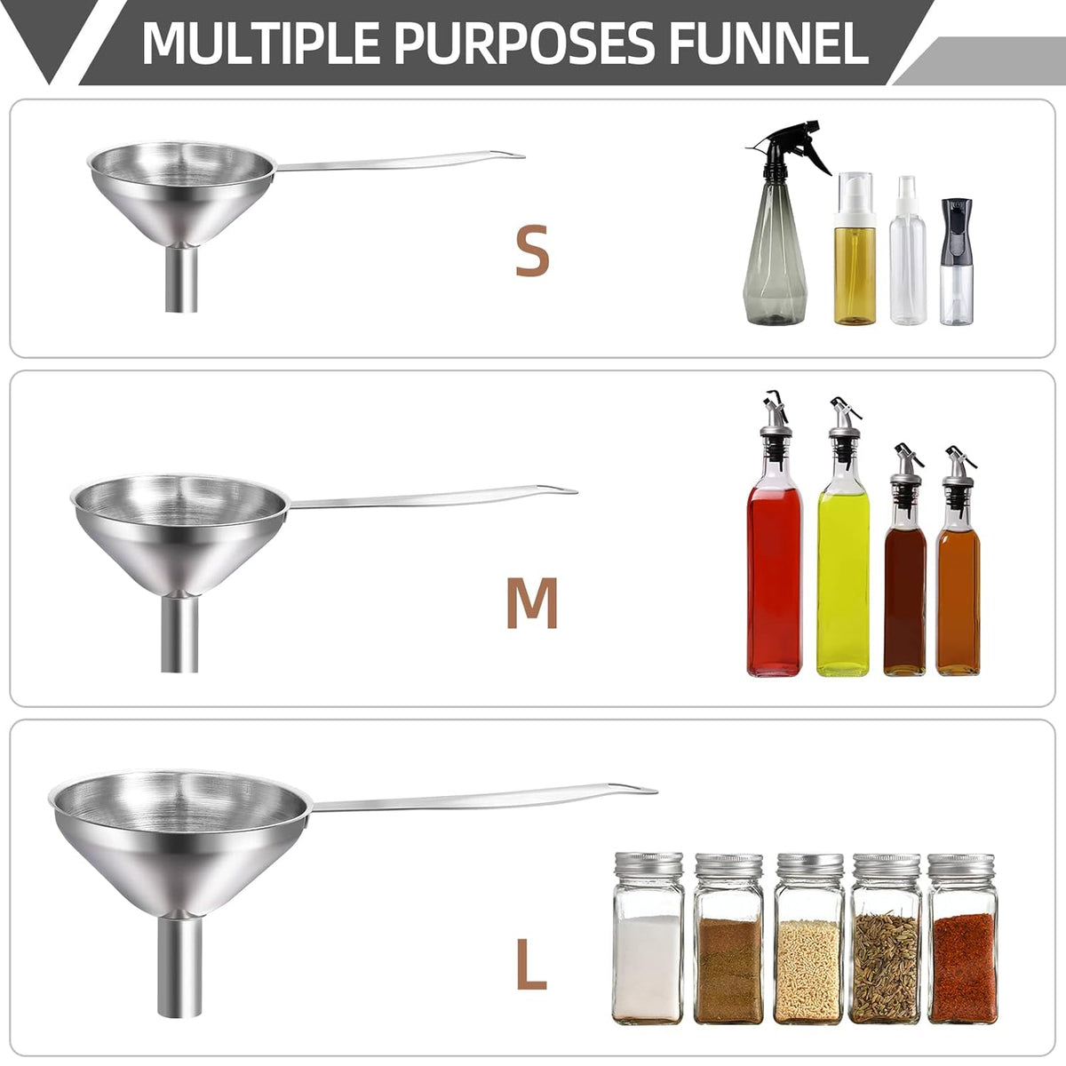 Funnels for Kitchen Use Filling Bottles, Kitchen Funnel Set of 3, Small Funnels for Filling Small Bottles Transferring Essential Oil, Liquid, Spice, Dry Ingredients & Powder, Dishwasher Safe