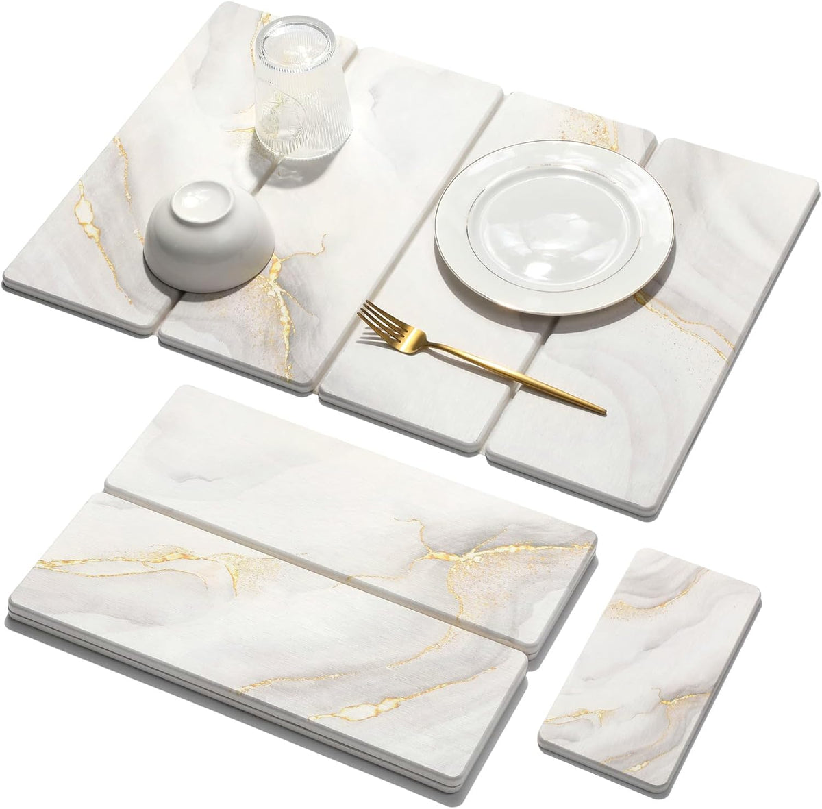 Large Stone Dish Drying Mat for Kitchen Counter Quick Dry Stone Dishes Mats Marbled Water Absorbing Diatomaceous Earth Drying Pad for Countertop Bottles Utensils Cups (Yellow White 24"x16"&8"x4")