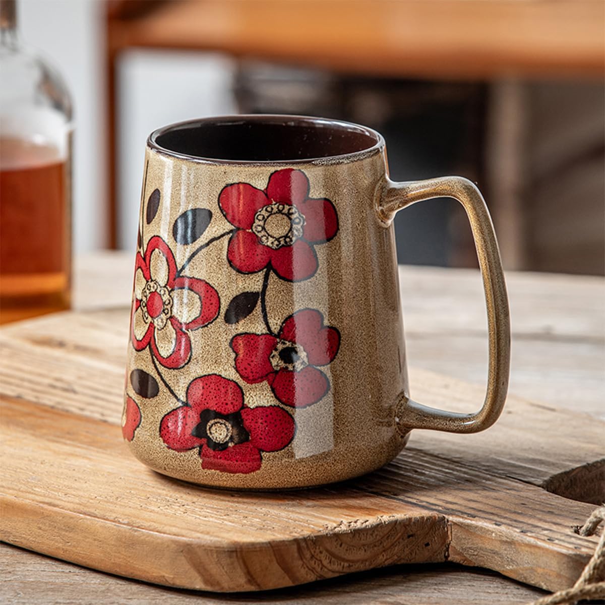 Large 24 oz Ceramic Coffee Mug with Handle, Vintage Floral Coffee Cup, Extra Big Tea Cup for Office and Home, Dishwasher and Microwave Safe, Khaki with Red Flower