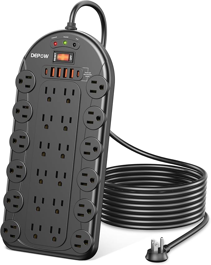 Power Strip, 24 AC Outlets (1875W/15A) with 6 USBs (2 USB-C Ports), ETL Listed, Surge Protector (3,400 Joules), 8 Ft Heavy Duty Flat Plug Extension Cord, Wall Mountable for Home, Office, Black