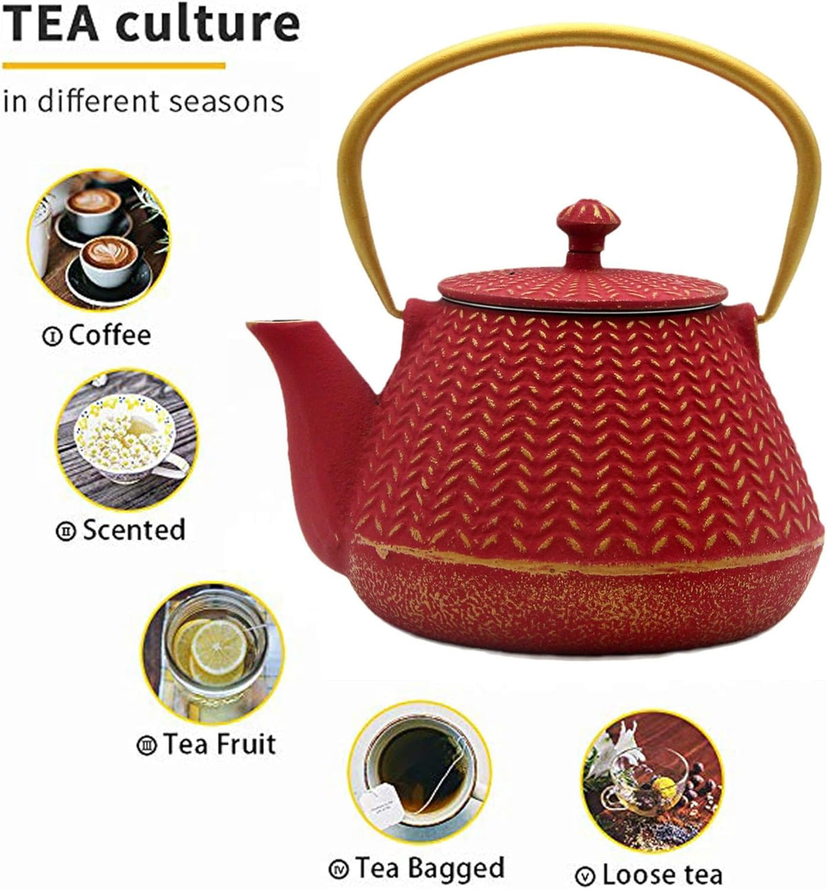 Small Cast Iron Tea Kettle for Stovetop Safe, Red Tea Pot Coated with Enameled Interior, Durable Teapot with Stainless Steel Infuser for Loose Leaf (1000ml/34oz)