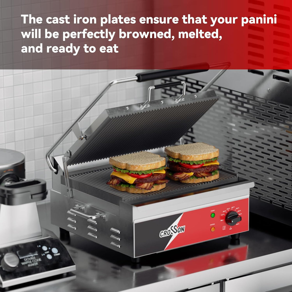 CROSSON 15"×11" Ribbed ETL Listed Commercial Electric Panini Grill,Hinged Auto Leveling Top Plate Panini Press Sandwitch Maker