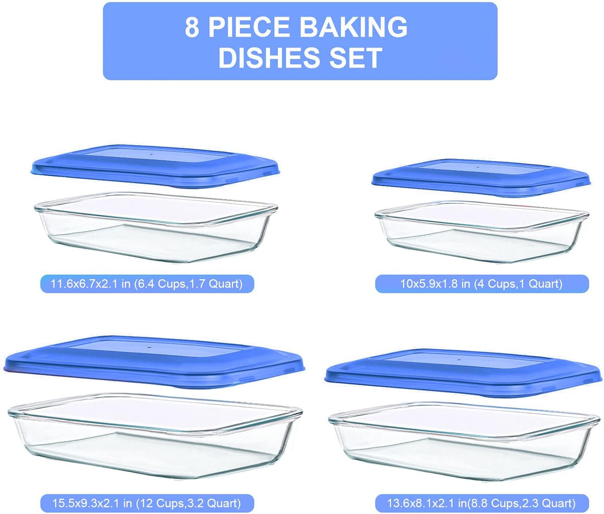 KOMUEE 8 Pieces Glass Baking Dish with Lids Rectangular Glass Baking Pan Bakeware Set with BPA Free Lids, Baking Pans for Lasagna, Leftovers, Cooking, Kitchen, Fridge-to-Oven,Blue