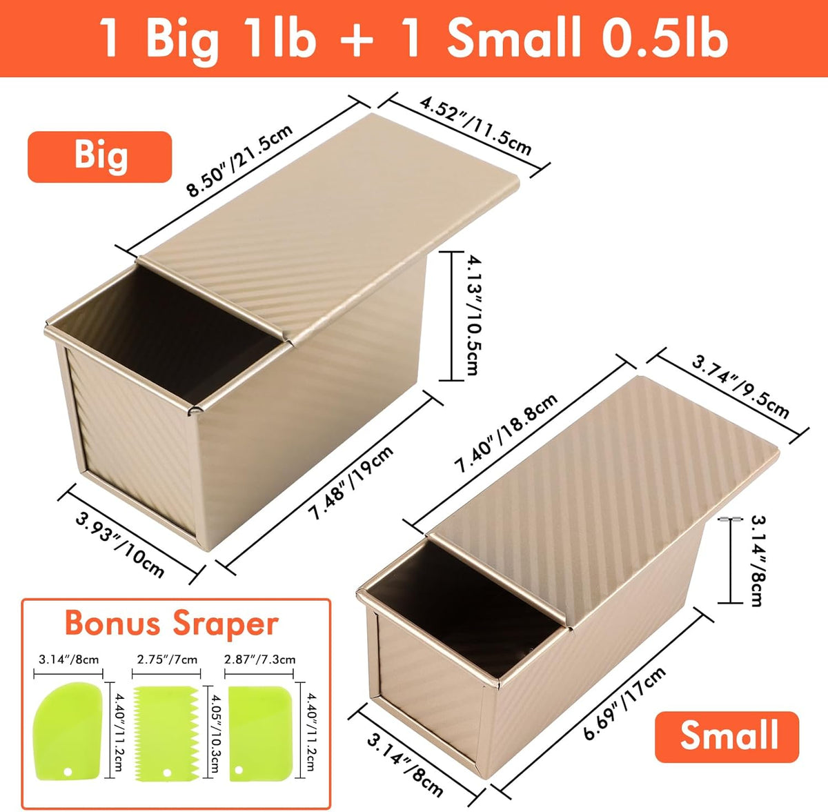 Beasea Pullman Loaf Pan with Lid, 2 Pack Non-Stick Bread Loaf Pans 1 lb & 0.5 lb Carbon Steel Bread Toast Box with Dough Scraper for Homemade Bread Toast Oven Baking - Gold