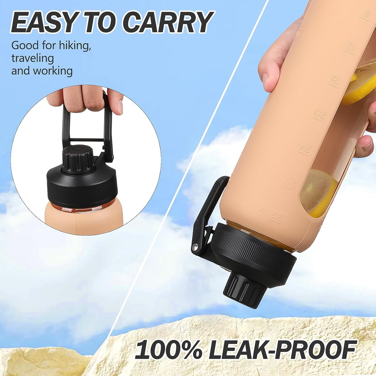 Glass Water Bottle with Straw, 24oz Glass Drinking Bottle with 2 Lids-Bamboo and Spout Lid with Phone Holder Handle for Gym Sports,with Silicone Sleeve and Time Marker,Amber