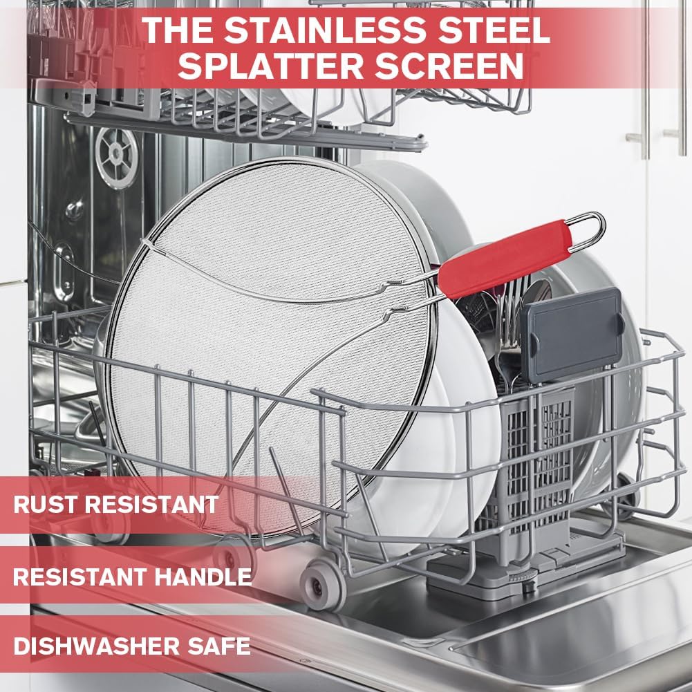 Splatter Screen for Frying Pan & Food Strainer,13 Inch Stainless Steel Grease Splatter Guard,Shield from Splashing Oil, Dishwasher Safe(Red)