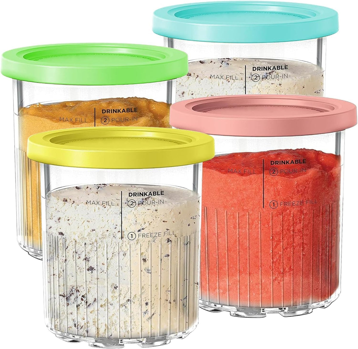 For Ninja Creami Deluxe NC500 NC501 Series Ice Cream Makers, BPA-Free & Dishwasher Safe, 24oz Pints with Color Lids (4 Pack), 11-in-1 XL Family Size Storage Containers for Ninja Creami Deluxe Pints