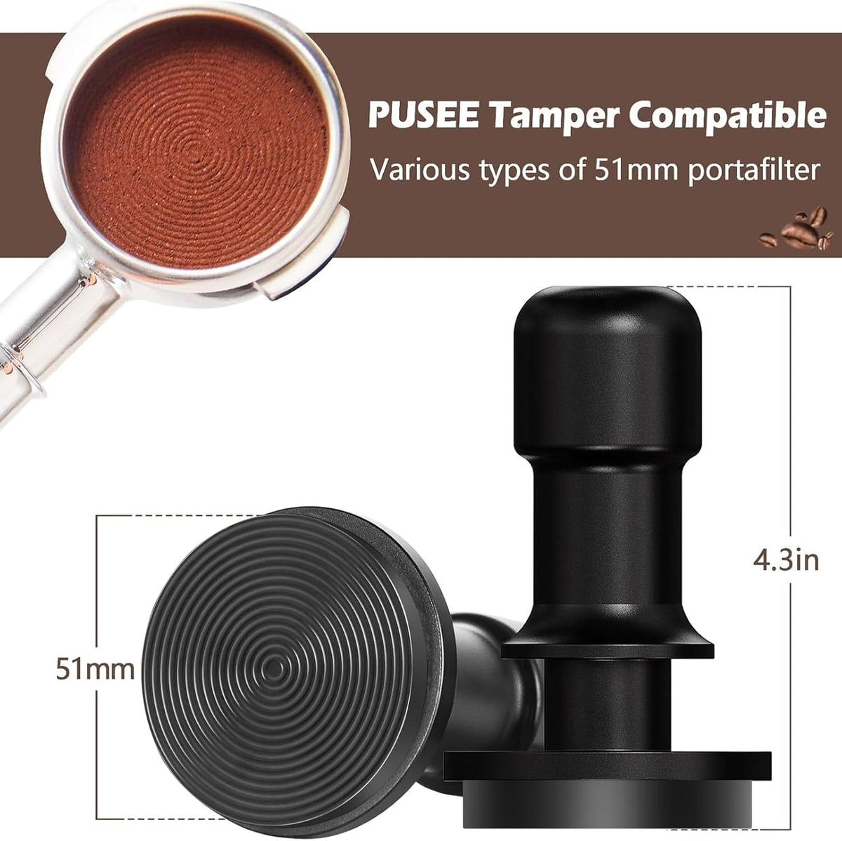 PUSEE 51mm Espresso Coffee Tamper,Premium Calibrated Espresso Tamper 30lb Coffee Tamper with Spring Loaded,Titanium Ripple Plating Base Ground Tamper for Barista Home Coffee Espresso Accessories