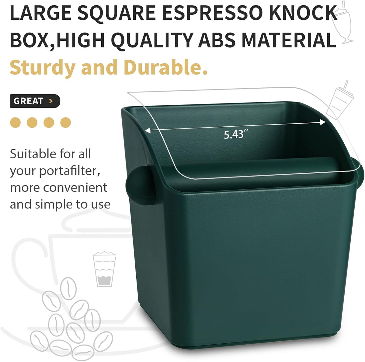 Large Square Knock Box Shock-absorbent Knock Box Espresso with Removable Knock Bar and Non-Slip Base Espresso Accessories for Home/Office (Large Green Knock Box)