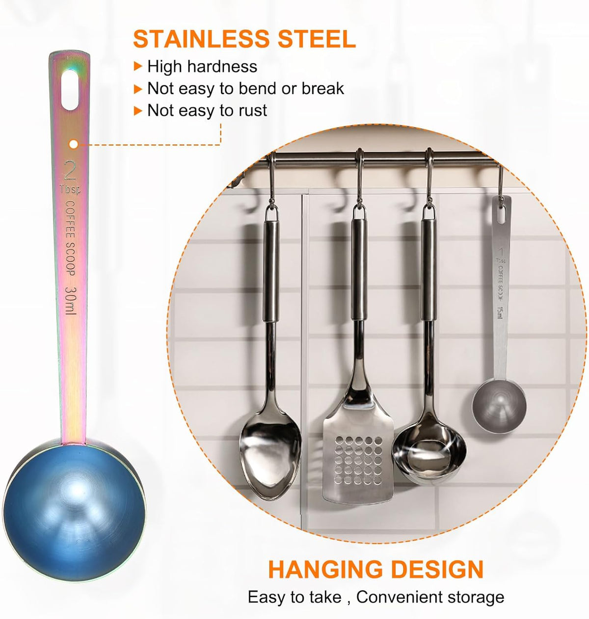 HARFINGTON 3pcs Coffee Scoop Spoon 2tbsp (6tsp, 30ml) 304 Stainless Steel Long Handle Teaspoon/Tablespoon Measuring Spoons Scoops for Tea Sugar Kitchen, Multicolor