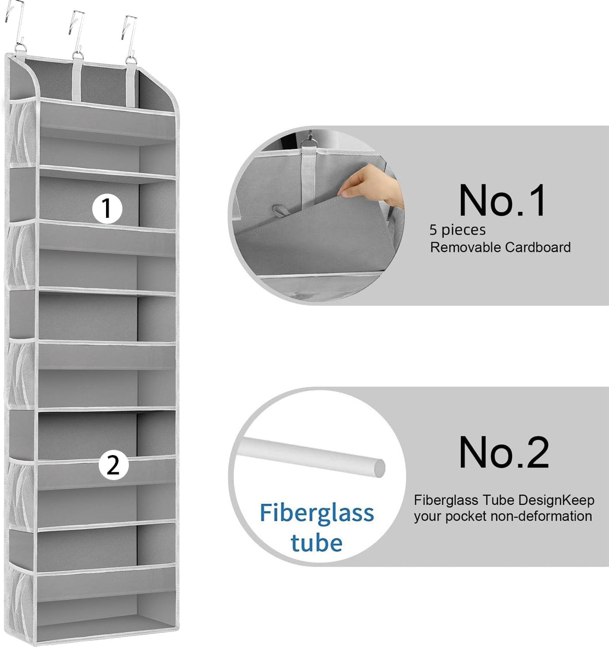 2 Pack Over The Door Storage Organizer with 5 Pockets 10 Mesh Side Pockets, 44 lbs Weight Capacity Door Hanging Organizers and Storage for Bedroom,Bathroom,Nursery,Pantry,Dorm(Light Gray)