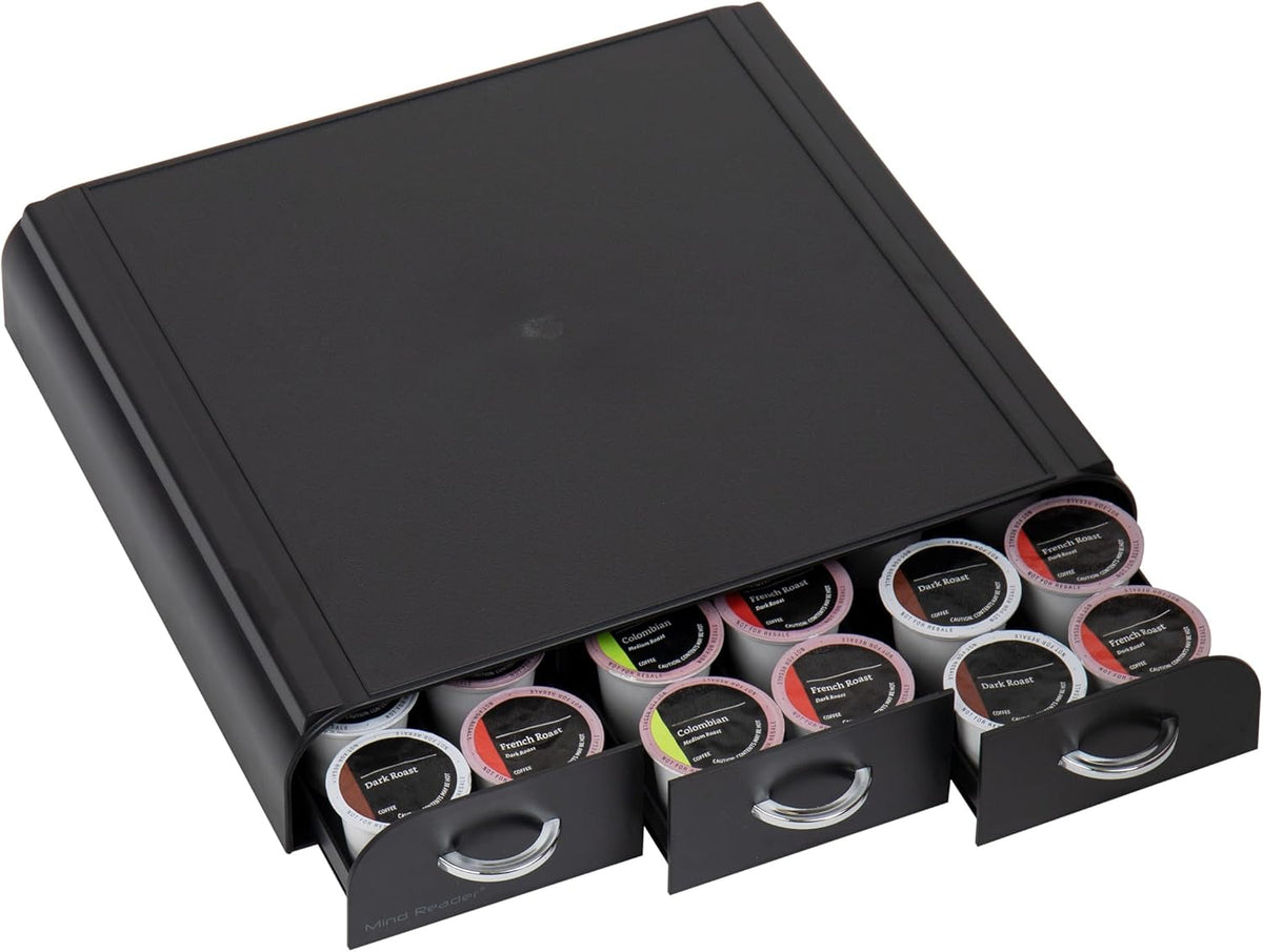 Mind Reader Single Serve Coffee Pod Organizer with 3 Drawers, 36 Pod Capacity, 13.5"L x 12.25"W x 2.5"H, Black (Pack of 8)