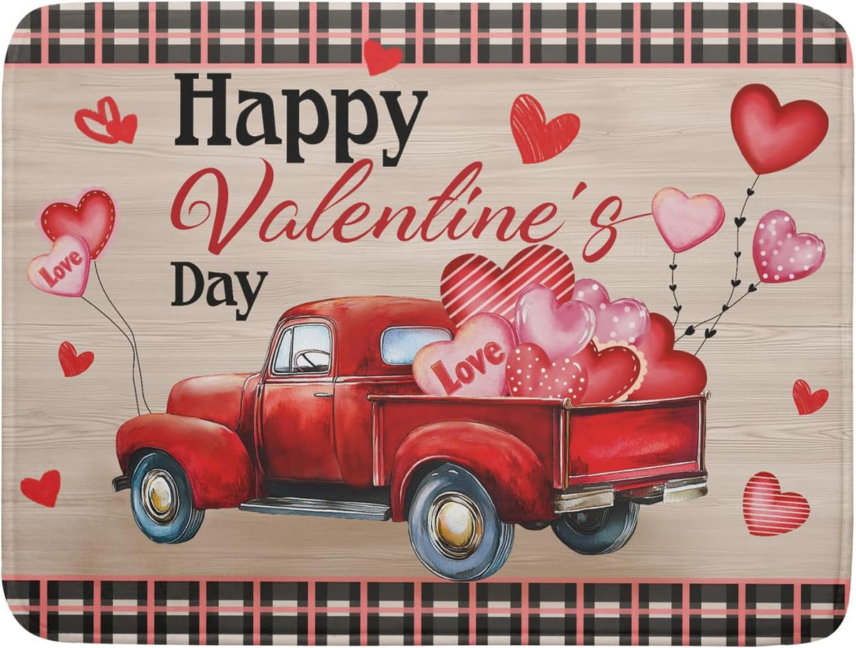 Valentine's Day Truck Dish Drying Mat 18x24 inch Love Heart Washable Absorbent Dishes Pad Dish Drainer Mat for Kitchen Counter Sink Coffee