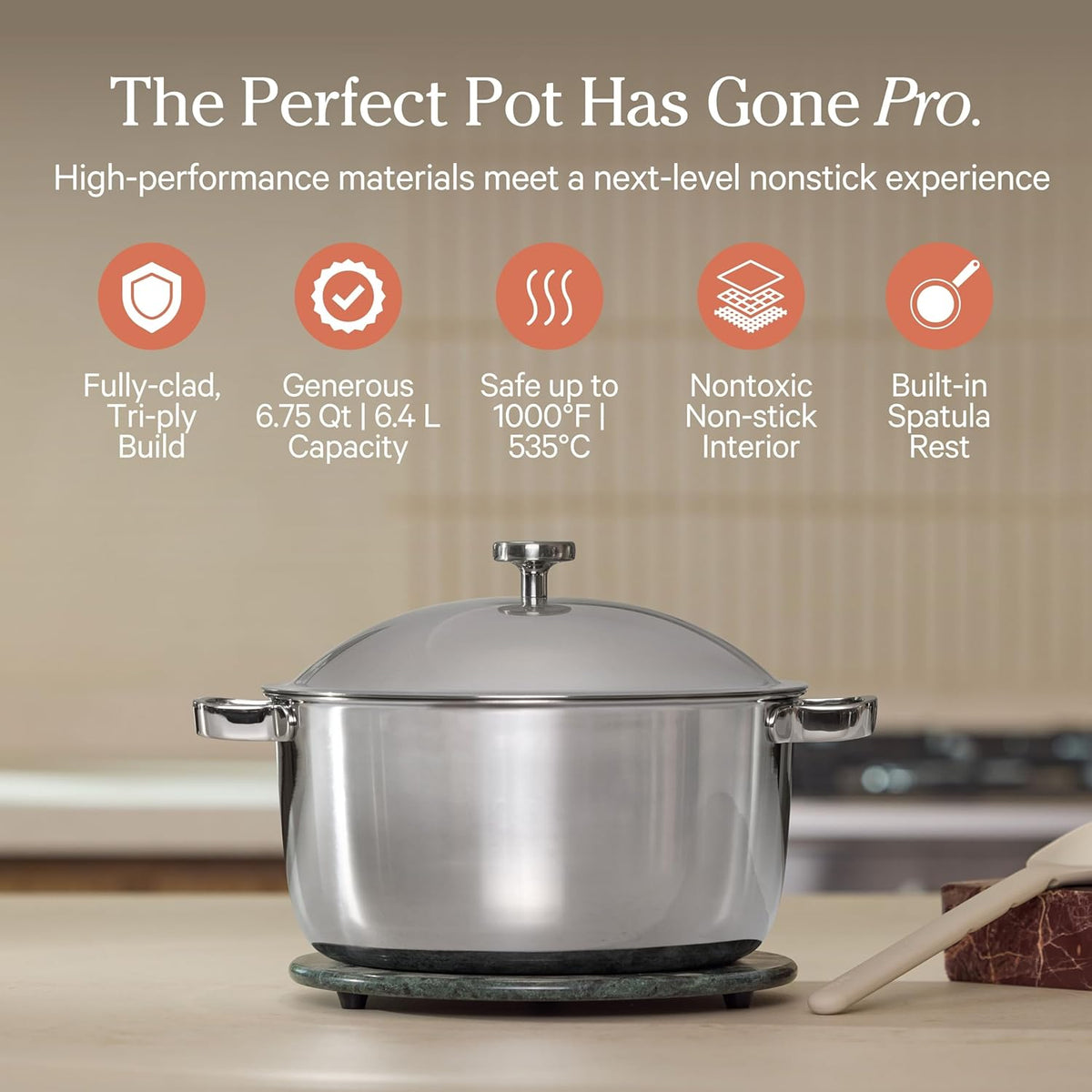 Our Place Titanium Perfect Pot Pro - 6.75 Qt No-Coating Nonstick Stock Pot | Tri-Ply Titanium & Stainless Steel | Oven-Safe up to 1000°F & Compatible with All Cooktops | Includes Spoon | Chrome