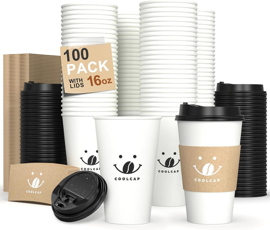 Coffee Cups with Lids and Sleeves, 16 Ounce 100 pack To Go Coffee Cups with Lids, Hot Coffee Paper Cups Bulk for Hot Beverage (16 Ounce, White)