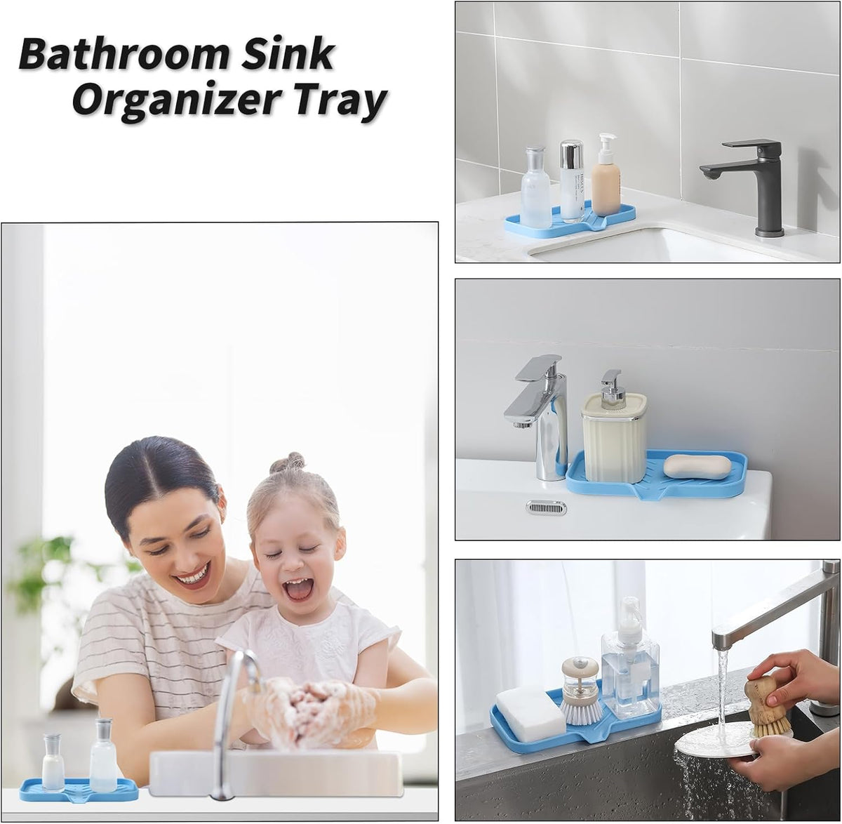 Silicone Bathroom Soap Dishes with Drain Spout-Bathroom and Kitchen Sink Organizer,Sponge Holder,Dish Soap Tray,Perfect for Dispenser,Scrubber,Bottle on Sink or Counter-Light Blue 9.6"×5.3"