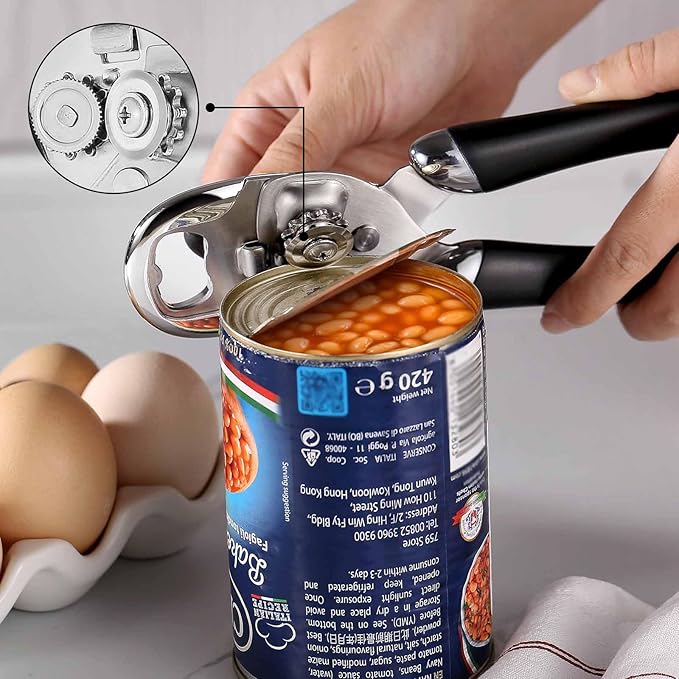 Multi-function Manual Can Opener Bottle Opener, Oversized Hand-held Easy Rotary Knob, Safe Cut Can Opener with Non-Slip Handle, Smoother Cut Sharp Blade for Seniors Kitchen Tool, Black