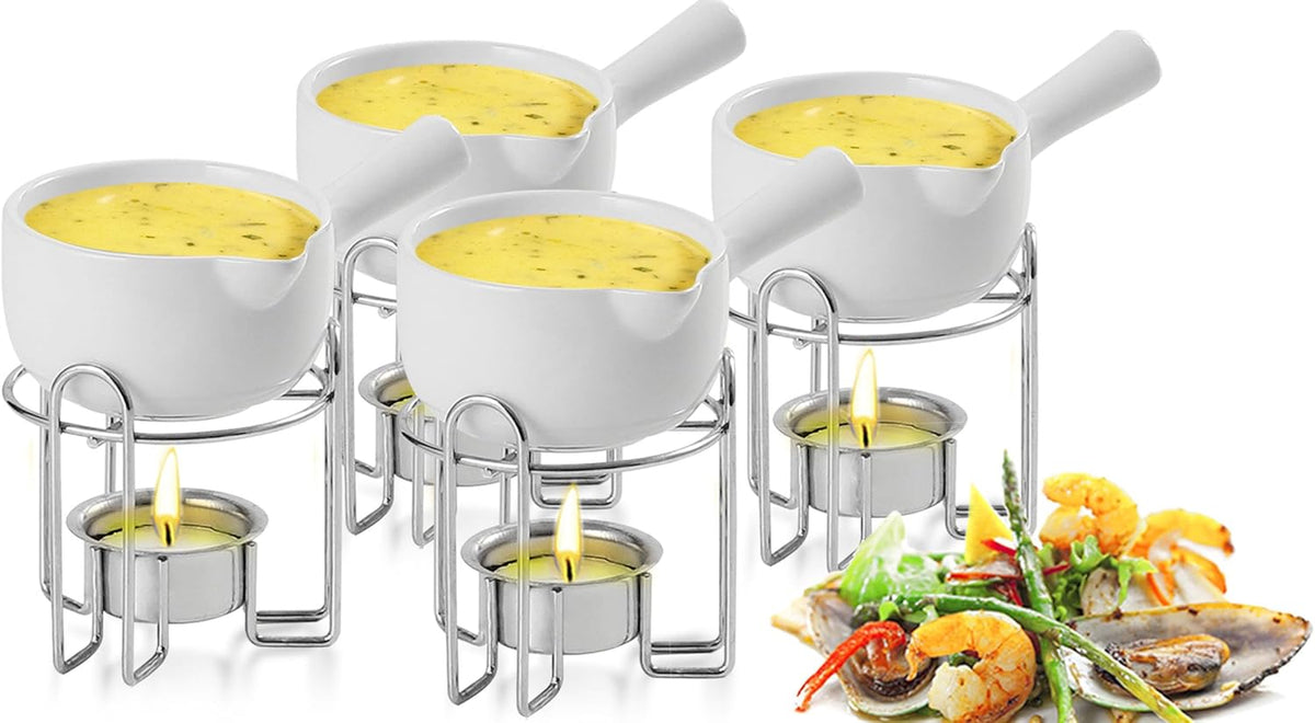 Artestia Butter Warmer for Seafood Set of 4, Ceramic Lobster Butter Warmers with 4 Pieces Tealight Candles for Melting Butter, Chocolate, with Handle, Dishwasher Safe, White