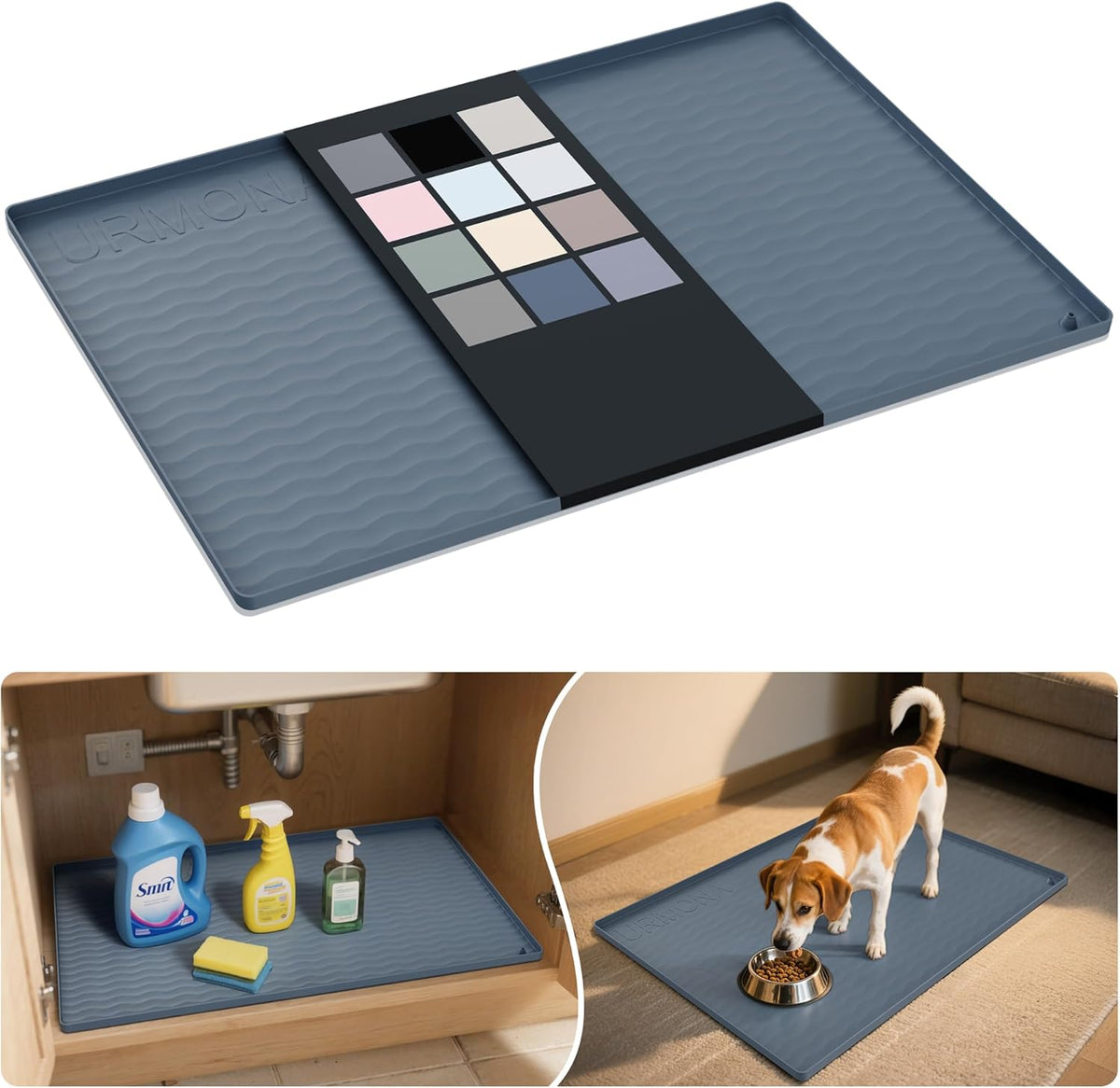 URMONA Waterproof Silicone Under Sink Mat 22'' x 19'' Shelf Liner for Kitchen and Bathroom, Cabinet and Counter Protector, Storage and Organizers, Litter Mat, Pet Cat Puppy Essentials(Dark Grey)