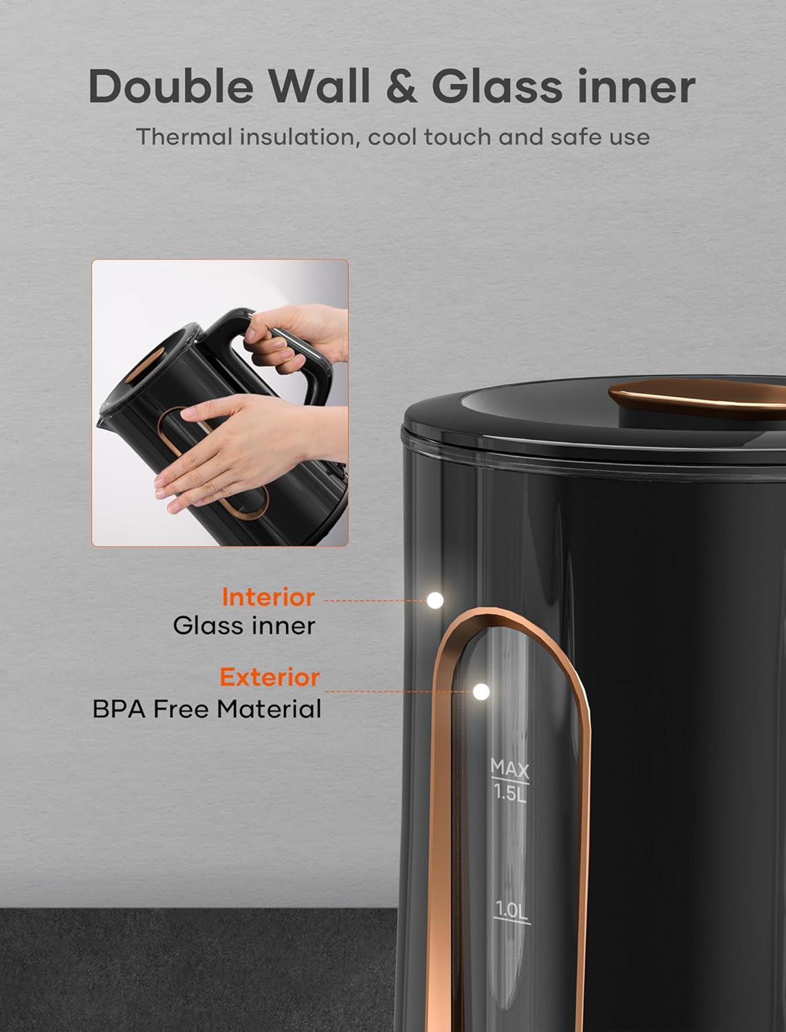 OFFACY Electric Kettle, Double Wall Glass Inner, Hot Water Boiler Heater Pot, 1.5-Liter, 1200 Watts for Fast Boiling, 53oz BPA Free, Glossy Black