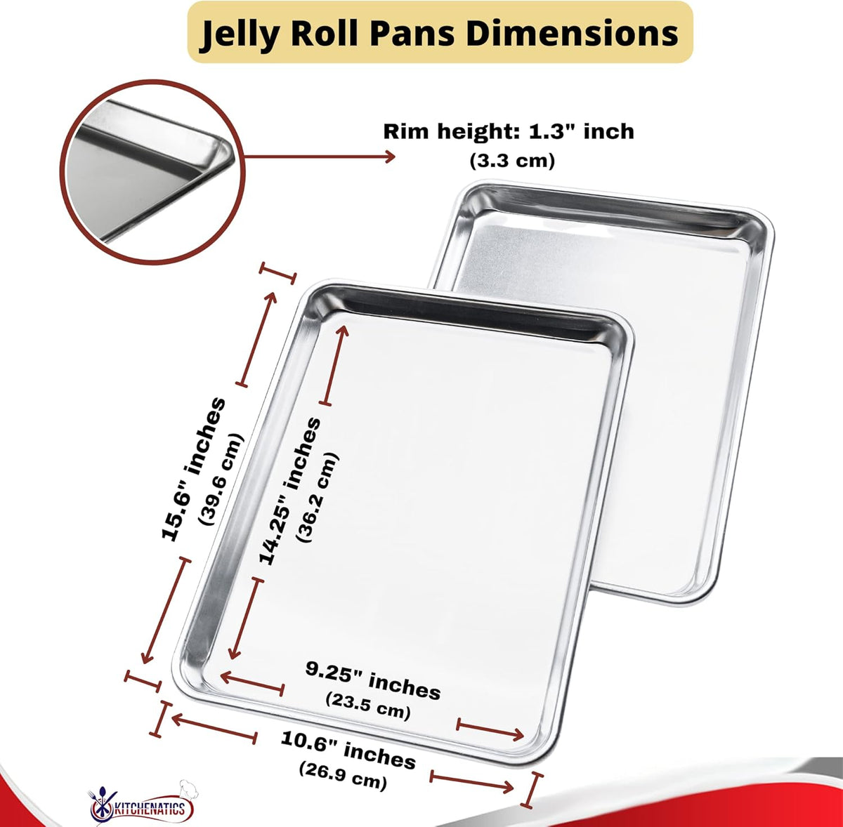 KITCHENATICS Jelly Roll Size Baking Sheet Pans, Premium Quality Aluminum Cookie Sheets for Roasting & Baking, Rimmed Nonstick Sheet Pans - Warp Free, Durable & Easy Clean - 10.6" x 15.6" IN, Set of 2