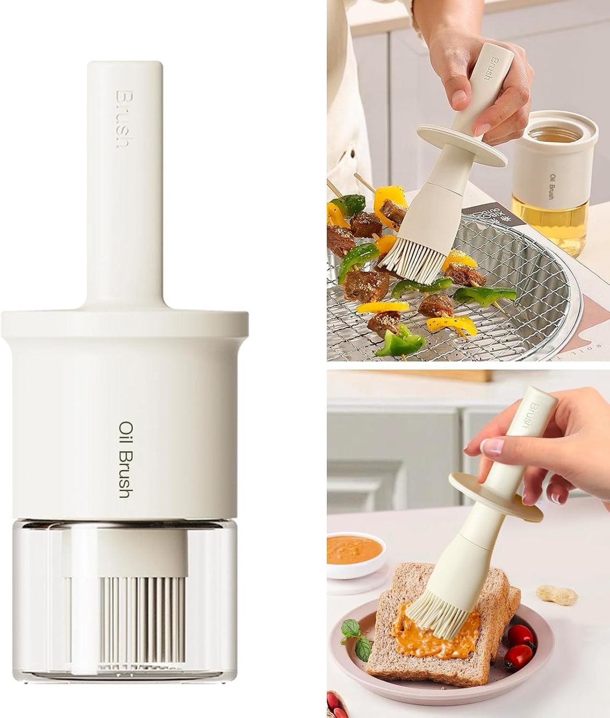 YARRAMATE 300ml /10oz Oil Dispenser with Brush - Glass Oil Bottle for Kitchen with Silicone Heat Resistant Basting Brush - Cooking Brush for Vinegar Sauce BBQ Grill Frying - Creamy White