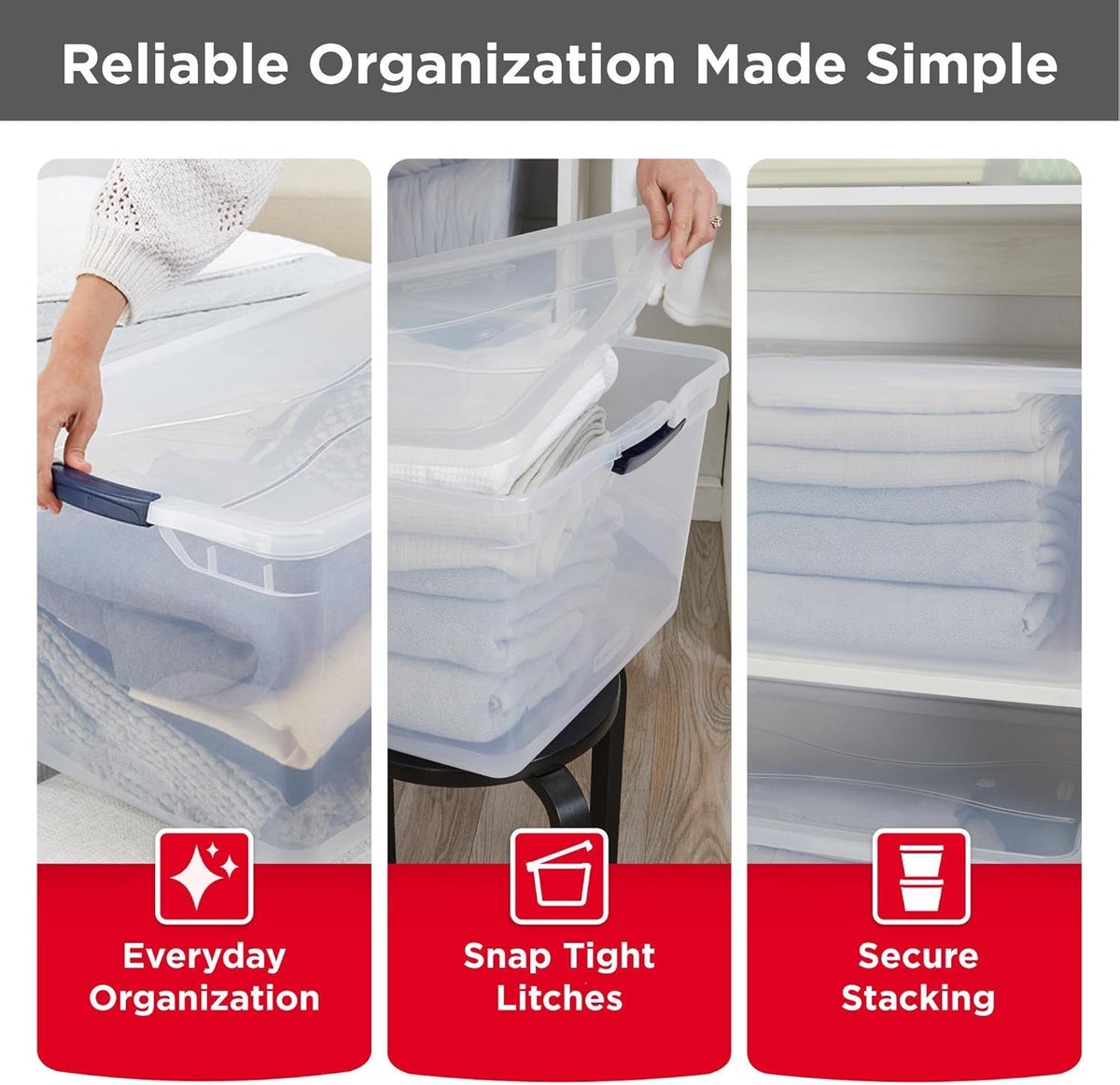 Rubbermaid Cleverstore 95 Qt Clear Storage Bins with Lids, 4-Pack, Stackable, BPA-Free, Made in USA