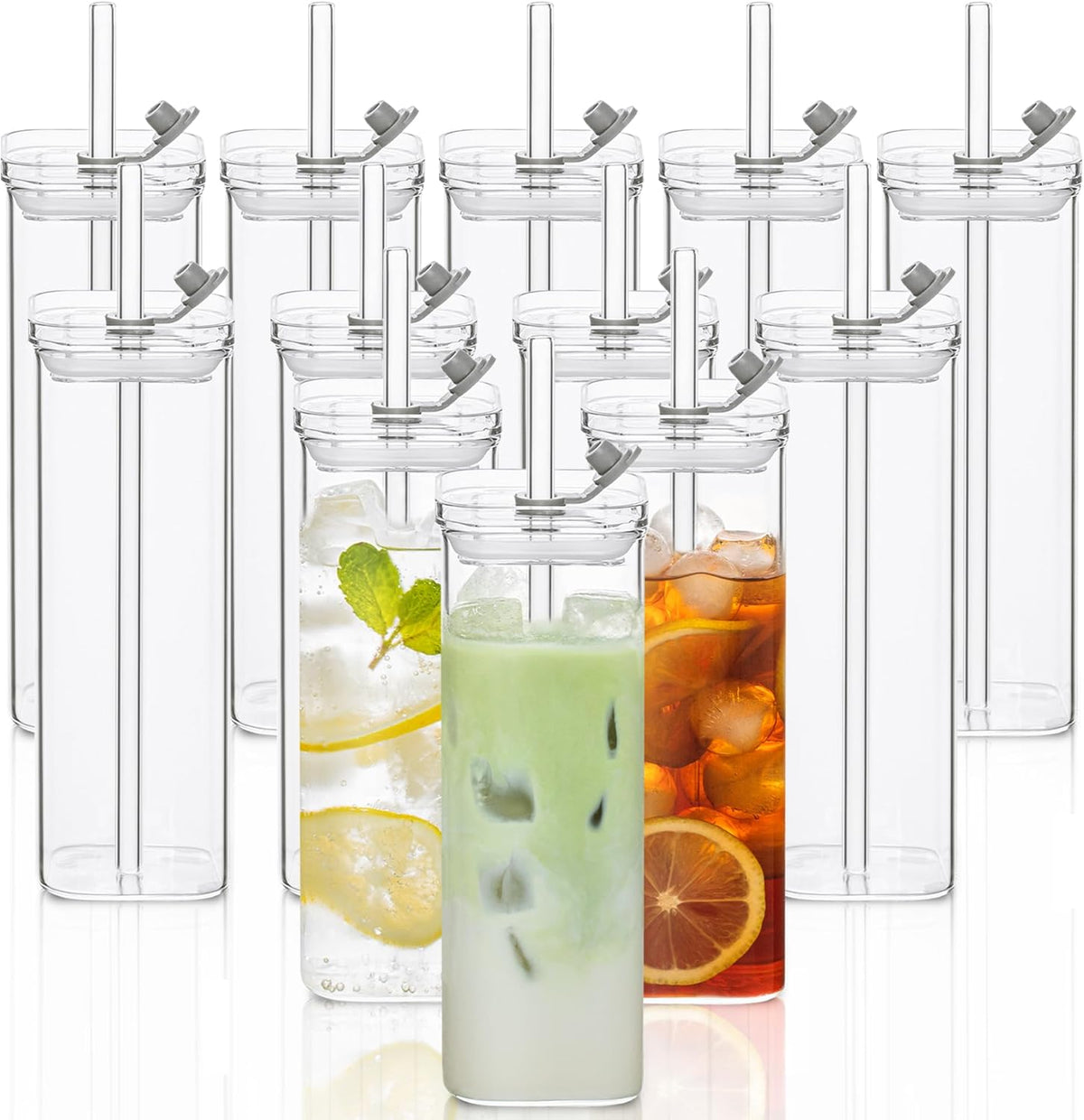 12 Sets Square Drinking Glass Cups with Lids & Straws, 17 Oz Clear Highball Glasses for Cocktail, Iced Coffee, Juice, Beer - Modern Glass Tumblers