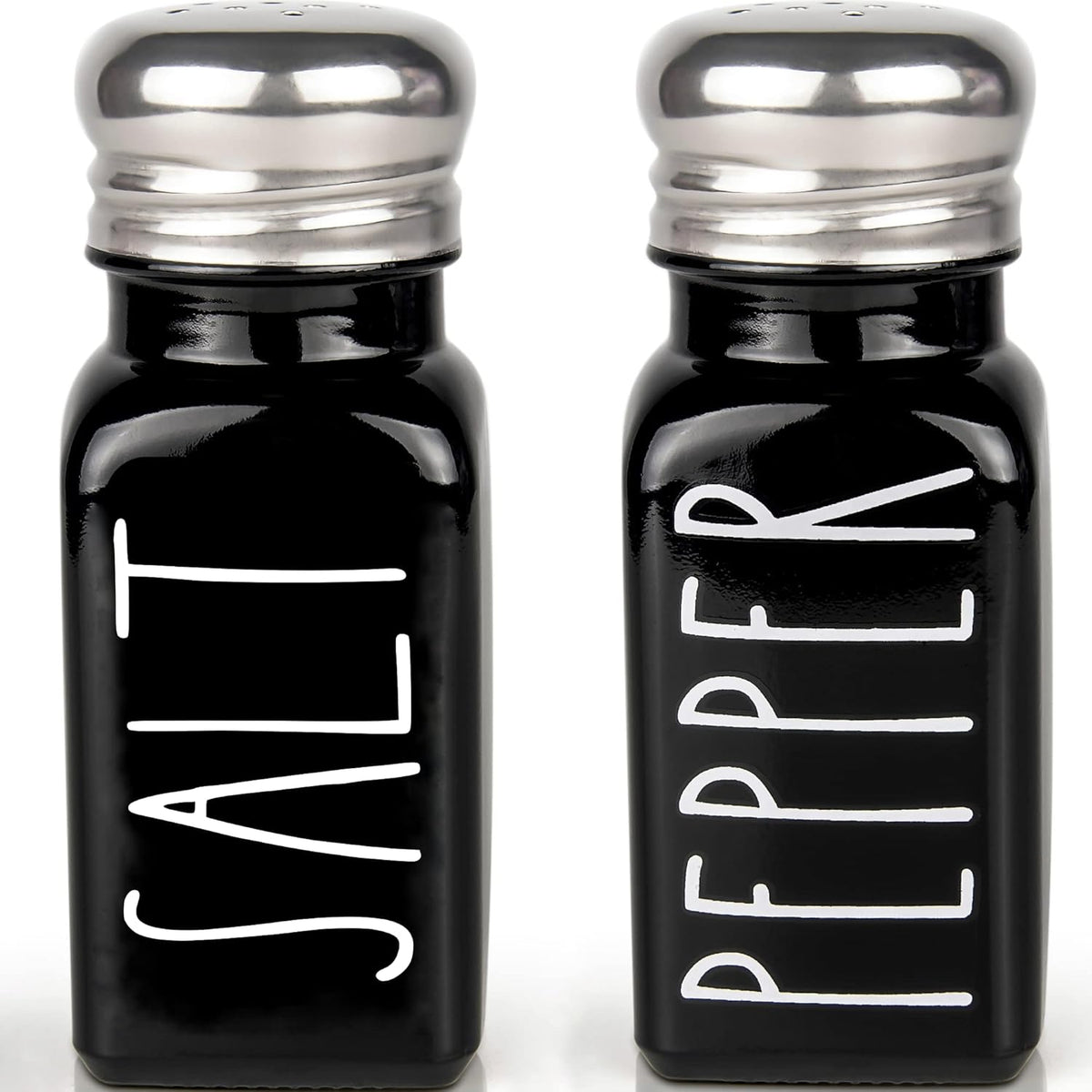 Black Salt and Pepper Shakers Set by Brighter Barns - Cute Kitchen Decor - Gothic or Halloween Kitchen Decor - Glass Shaker with Stainless Steel Lid for Home, Restaurant, Gifts (Black)