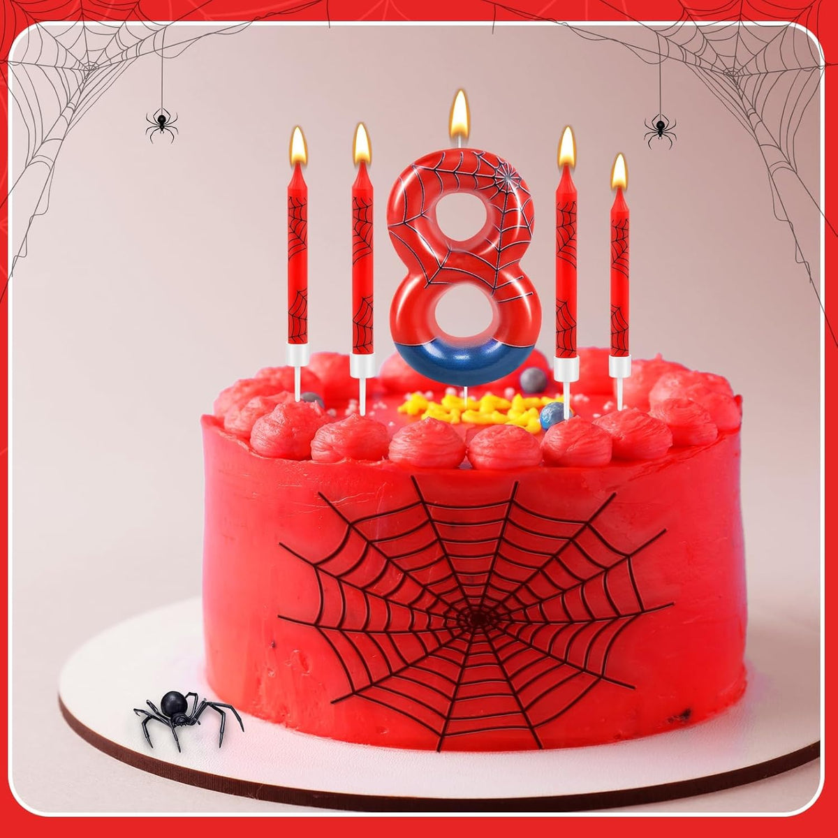 13 Pcs Spider Themed Birthday Candle Set Red Spider Theme Number 8 Candle Cake Topper for Boys Girls Birthday Decoration Spider Party Decoration Supplies (Number 8)