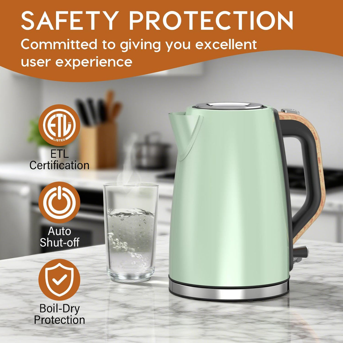 Electric Kettle for Boiling Water, 1.7L Visual Water Window Stainless Steel Electric Water Kettle, 1500W BPA-Free Hot Water Kettle Pot, Auto Shut Off & Boil-Dry Protection, Green