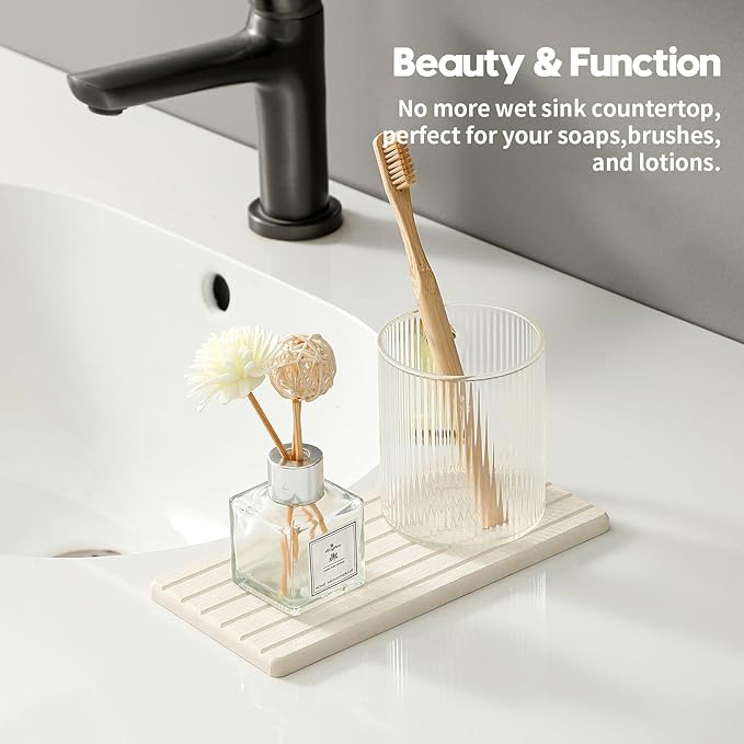 2 Pack Greige Bathroom Sink Vanity Trays, Diatomite Stone Kitchen Counter Caddy Dish Soap Dispenser Sponge Holder, Water Absorbing Mat Organizer for Plant,Cosmetic Bottle, Beige, 8"x3.8"