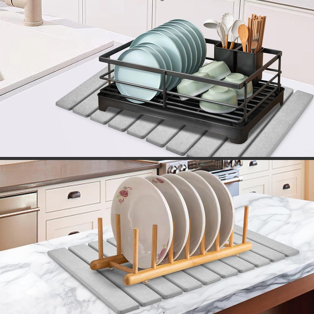 Stone Drying Mat for Kitchen Counter, Stone Dish Drying Mat Foldable, Super Absorbent Diatomaceous Earth Quick-drying Draining Mat for any Kitchen Countertop (Medium Gray B, 23.6”x15.4”)